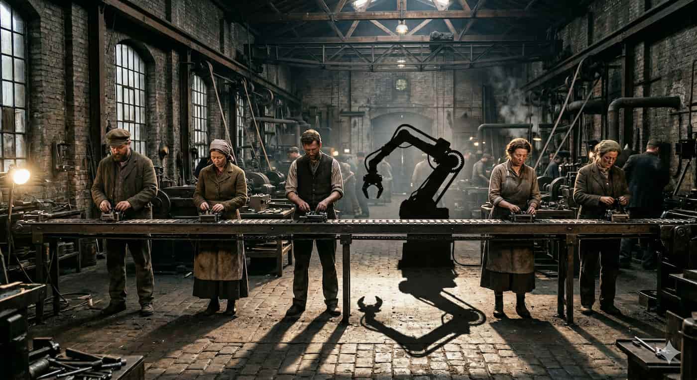 Bild erstellt mit Nano Banana 2. Eine filmische Innenaufnahme einer historischen Maschinenhalle des 19. Jahrhunderts. Eine Reihe menschlicher Arbeiter in periodentypischer Kleidung steht an einem metallenen Fließband und montiert Teile. In der Mitte der Reihe, anstelle eines menschlichen Arbeiters, steht ein moderner Industrieroboterarm, der die gleiche Aufgabe verrichtet. Ein helles Licht von vorne beleuchtet die Szene und wirft lange, ausgeprägte Schatten von Menschen und Roboter auf den unebenen Ziegelboden, wobei der Roboterschatten deutlich erkennbar ist. Eine starke visuelle Metapher für die Transformation der Arbeit und die Evolution von der Industriellen Revolution bis zur modernen Automatisierung und KI.
